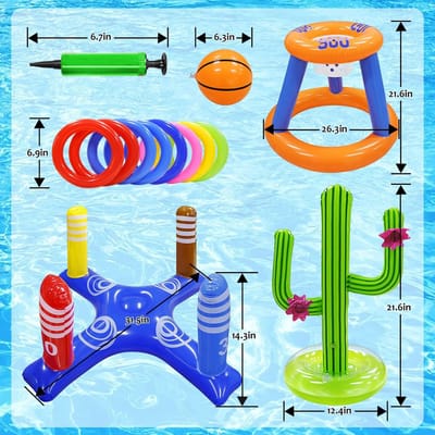 Zwembad Spelletjes Set - 3-in-1 Basketbalring, Ringgooispel & Cactus - voor Kinderen, Tieners, Volwassenen & Gezin