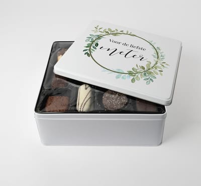 Blikken doos - GROTE - Koekendoos - GRATIS 750g VULLING - Flowerhoop design - Liefste meter - Cadeau meter - Kado meter - Voor meter - Geschenkset