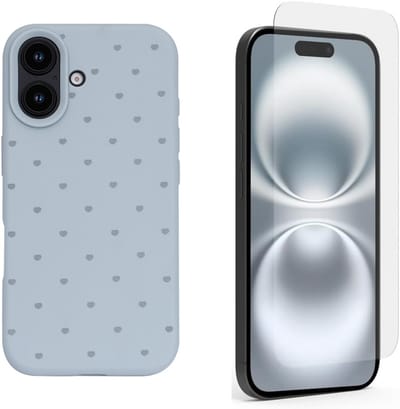 Hoesje en Glas Geschikt voor iPhone 16 - Blauw - Casemania Stevige Siliconen Back Cover met Hartjes Print - 1x Glazen Screenprotector