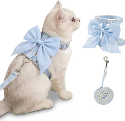 Ulisem - Kattentuigje met Strikje - Blauw Kattentuigje en Riem Set met Strikje - Ontsnappingsbestendig - Verstelbaar Kattentuigje met Riem - voor Buiten Uitlaten - Zacht Lichtgewicht Tuigje voor Kleine Honden, Katten en Konijnen - M