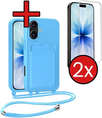 Hoesje Geschikt voor iPhone 17 Hoesje Met Telefoonkoord en Pasjeshouder Met 2x Screenprotector Siliconen - Hoes Geschikt voor iPhone 17 Hoesje Met Kaarthouder Case - Lichtblauw