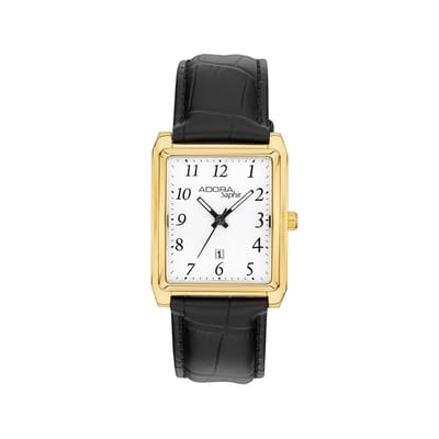 Herenhorloge Adora Saphir – Goudkleurige kast, Saffierglas, Zwart leren band, Anti-allergisch staal, Quartz – AS4725