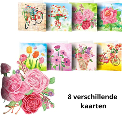 IZGO Diamond Painting Kaarten – 8 Wenskaarten met envelop - Zonder Tekst - Volwassenen – Volledig Pakket - Diamant schilderen