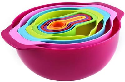 Ronte - Kleurrijke keukenmengkom set met filterkom, maatbeker, zeef en kleine lepels voor voedselbereiding - 10-delige set - Plastic - Keukenaccessoires.