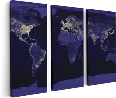 Artaza Canvas Schilderij Drieluik Wereldkaart Met Licht Observaties - 120x80 cm - Wanddecoratie Woonkamer - Schilderijen - Muurdecoratie