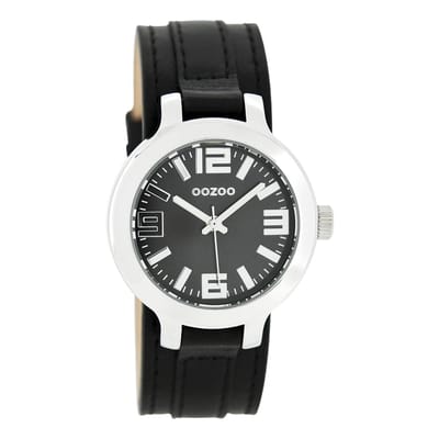 OOZOO Timepieces - Zilverkleurige horloge met zwarte leren band - C8709
