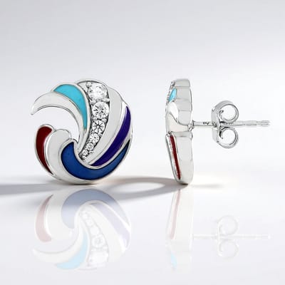 Cavill - 925 Sterling Zilver Oorbellen met Platinering - 0,40 ct Cambodjaanse Zirkonen Rondgeslepen - Elegant Golfpatroon - Kleurrijke Kliksluiting
