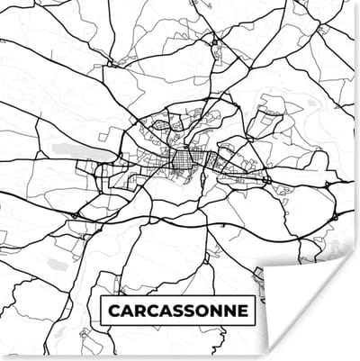 Poster Frankrijk - Kaart - Plattegrond - Carcassonne - Stadskaart - Zwart wit - 100x100 cm XXL