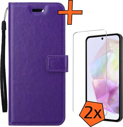 Hoes - Met 2x Screenprotector - Geschikt voor Samsung Galaxy A35 - Luxe Pasjeshouder - Bookcase Portemonee - Flip Case - Kunstleer Book Case - Flipcase Hoes - Book Cover - Walletcase - PortemonneeHoes - Paars