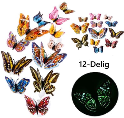 Set van 12 3D Glow In The Dark Muurdecoratie Vlinders I Muurvlinders Lichtgevend I Kinderkamerversiering I Muurstickers Vlinder I Met Magneten