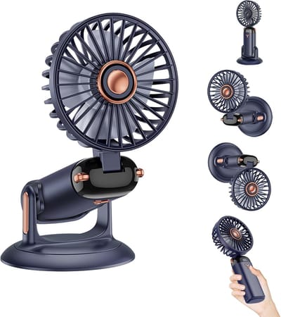 360° draaibare opvouwbare handventilator - 5 instelbare snelheden - Krachtige oplaadbare ventilator - 2400mAh batterij - 12 uur gebruiksduur - Mini draagbare ventilator voor hand, bureau en wandmontage (blauw)