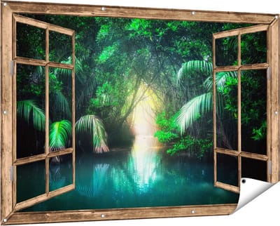 Gards Tuinposter Doorkijk Tropische Jungle met een Turquoise Meer - 150x100 cm - Tuindoek - Tuindecoratie - Wanddecoratie buiten - Tuinschilderij