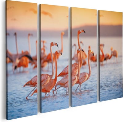 Artaza Canvas Schilderij Vierluik Kudde Flamingo's in het Water - 80x60 - Foto Op Canvas - Canvas Print