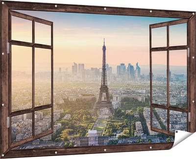 Gards Tuinposter Doorkijk Skyline van Parijs met de Eiffeltoren - 180x120 cm - Tuindoek - Tuindecoratie - Wanddecoratie buiten - Tuinschilderij