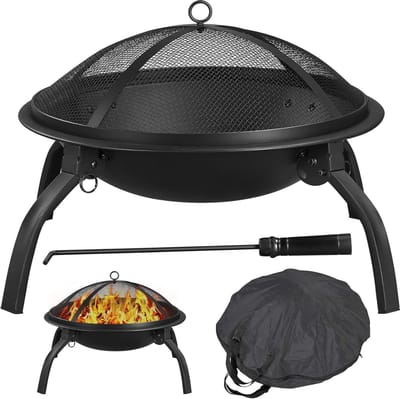 Quvo® Vuurkorf Met Vonkenscherm - Vuurkorf – Vuurhaard Met Draagtas - Terrashaard - Openhaard - Vuurton - Vuurmand Op Voeten - Kachel – Buitenhaard - 54 cm Diameter - Zwart-54cm x 54cm x 39cm