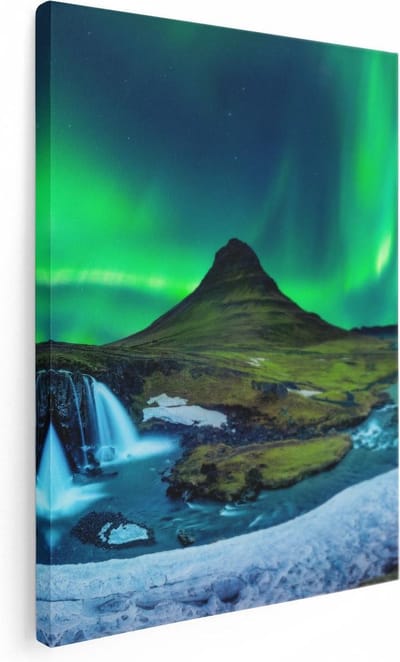 Artaza Canvas Schilderij Waterval - 30x40 cm - Klein - Wanddecoratie IJsland - Muurdecoratie Noorderlicht - Kamer Accessoires Bergen