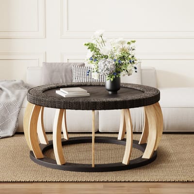 Salontafel - Ø80 cm - Rond Rotan Design Met Gebogen Poten - Boho Stijl - Massief Hout - Zwart Bruin