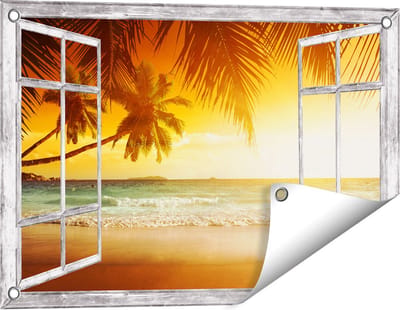 Gards Tuinposter Doorkijk Tropisch Strand tijdens Zonsondergang - 60x40 cm - Tuindoek - Tuindecoratie - Wanddecoratie buiten - Tuinschilderij