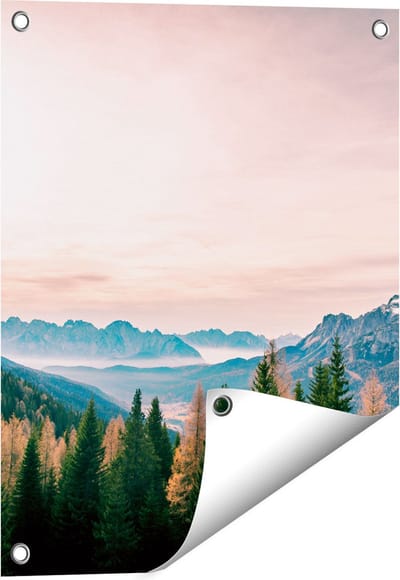 Gards Tuinposter Bos met Bomen bij Bergen Landschap - 40x50 cm - Tuindoek - Tuindecoratie - Wanddecoratie buiten - Tuinschilderij