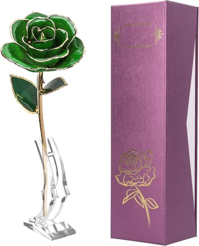 Glazen Roos - Gouden Bloem - Decoratie - 24-karaats Goud - Glazen Koepel - Groen Goud