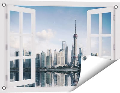 Gards Tuinposter Doorkijk Shanghai Skyline in China - 60x40 cm - Tuindoek - Tuindecoratie - Wanddecoratie buiten - Tuinschilderij