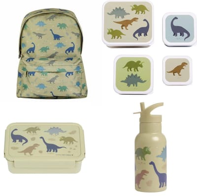Bundel A Little Lovely Company Back to school set - Rugzak/Drinkfles RVS/4 Snackdozen/Bentobox- Dinosaurussen