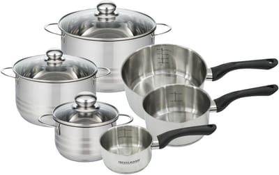 Set van 3 roestvrijstalen steelpannen 12 16 20 cm en 3 roestvrijstalen braadpannen 16, 20 en 24 cm Fackelmann Geneva