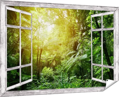 Gards Tuinposter Doorkijk Tropische Jungle met Zonneschijn - 180x120 cm - Tuindoek - Tuindecoratie - Wanddecoratie buiten - Tuinschilderij