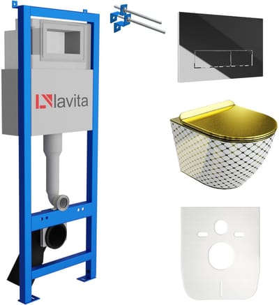 LAVITA® Inbouwreservoir Complete Toiletset LAV 101 - Inbouw WC Hangtoilet Wandcloset SOFI SLIM CHECKED GOLD - Bedieningsplaat 200.3.2 Chroom - Voorwandelement voor toilet 40cm - Installatiesysteem