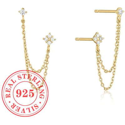 Huitan Sterling Zilver Vier Zirkonia Oorknopjes Voor Dames Dubbele Knopjes Ketting Kwastje Piercing Oorbel 18K Verguld beige