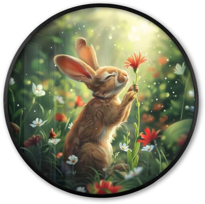 Poster in lijst Rond - Fotolijst 60x60 cm - Posters - Konijn - Dieren - Bloemen - Natuur - Ronde posterlijst zwart - Decoratie - Wanddecoratie woonkamer - Muurdecoratie slaapkamer