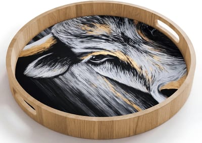 Dienblad rond 40x40 cm - Schootdienblad hout - Stier - Hoorns - Snuit - Goud - Borrelplank rechthoek - Plateau houten dienbladen