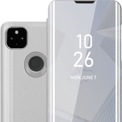 Cadorabo Hoesje geschikt voor Google PIXEL 4A in AGAAT ZILVER - Clear View Spiegel Beschermende Case met Tribunefunctie 360 Graden Bescherming Book Case Cover Etui