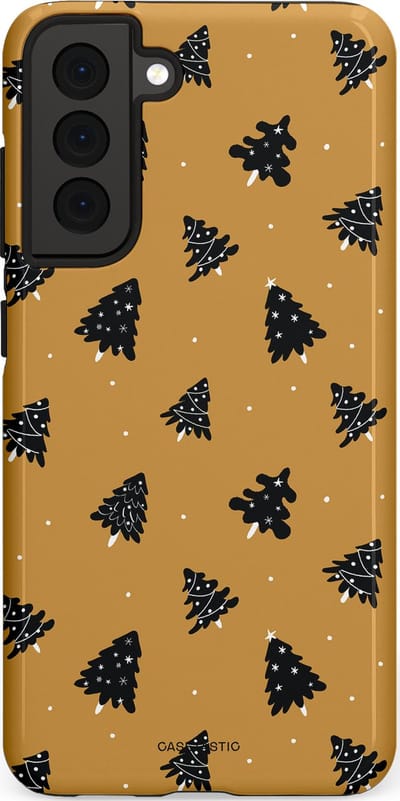 Casetastic hoesje geschikt voor Samsung Galaxy S21 FE 5G - Dubbellaagse bescherming - Zwarte Kerstboom Feest - Fashion Case - Goud Donkergrijs Taupe