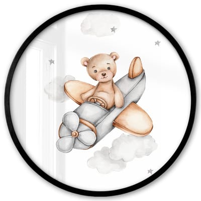Poster in lijst Rond - Fotolijst 40x40 cm - Posters - Beer - Vliegtuig - Sterren - Kinderen - Ronde posterlijst zwart - Decoratie - Wanddecoratie woonkamer - Muurdecoratie slaapkamer