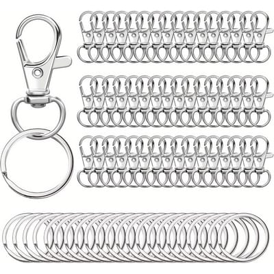 50 Sleutelhangerhaken met Sleutelringen, 25 Karabijnhaken + 25 Afzonderlijke Sleutelringen voor DIY Sieraden Maken, Kunsthandwerk white
