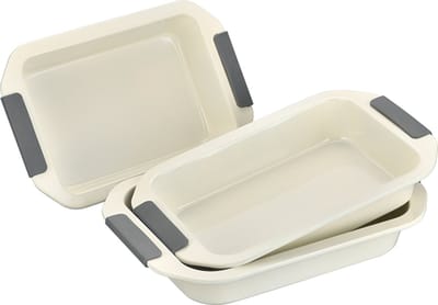 Swiss Haus® ORP3CR 3 Delige Ovenschaal Set - PFAS Vrij - Rechthoekig Braadslede - Sapphire™ Kermaische Antiaanbaklaag - Lasagne & Ovenschalen – Oven- en Vaatwasserbestendig - Creme