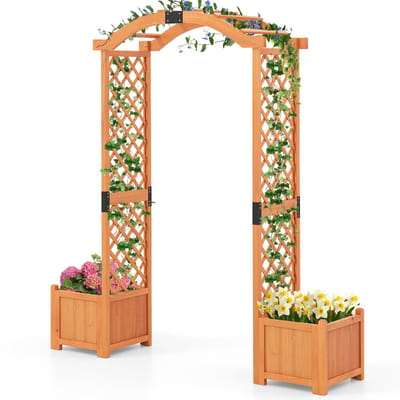 COSTWAY 2-in-1 rozenboog met bloembak, tuinboog, hout, poortboog voor klimplanten, latwerk, klimhulp, klimboog, halve boog voor tuin, bruiloft, feest, dennenhout, 185 x 45 x 201 cm