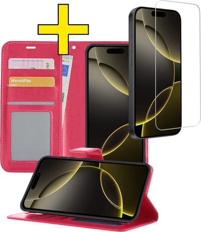 Hoesje - Met Screenprotector - Geschikt voor Apple iPhone 16 Pro - Luxe Pasjeshouder - Bookcase Portemonee - Flip Case - Kunstleer Book Case - Flipcase - Book Cover - Walletcase - Portemonneehoes - Telefoonhoesjes - Donkerroze