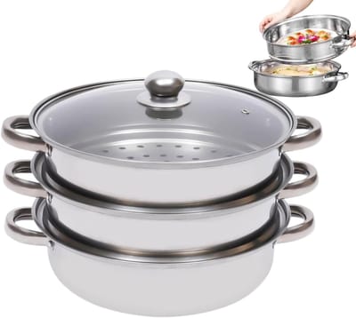 Roestvrijstalen Stoompan - Stoomkoker Pot - Gezond Koken - Stapelbaar 3-laags Ontwerp - 28 cm - Zilverkleurig