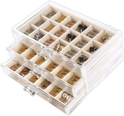 Sieradenopbergdoos voor Oorbellen, Acryl Organizer met Velours Inlegvakken, Elegante Displaycase voor Vrouwen en Meisjes (Beige, 3 Lades)