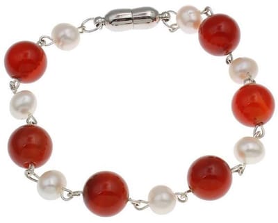 Zoetwaterparel met edelstenen armband Pearl Red Agate Ball - echte parels - agaat - wit - rood - zilver - magneetslot - sieraden zakje