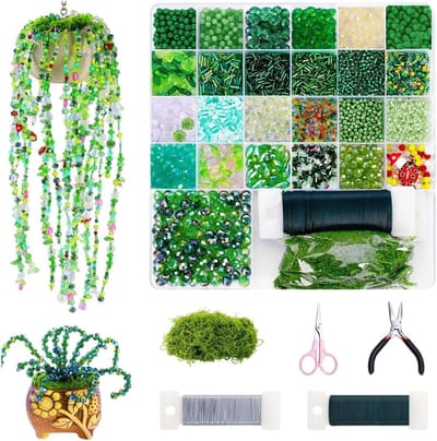 5422er Grün-Glasperlen Knutselset voor Eeuwige Planten – DIY Geborduurde Vetplant & Bloemendecoratie met Blad-, Tulp-, Lieveheersbeestje-Kralen, Draad & Mos (Pot niet inbegrepen)