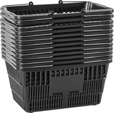 Set van 12 stapelbare plastic boodschappenmanden van 21 liter met handvatten, duurzaam gaasontwerp, draagvermogen tot 9,07 kg, ideaal voor boodschappen, detailhandel, supermarkten en thuisgebruik, zwart