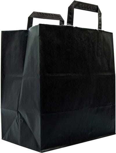 Draagtassen papier - Take Away - Zwart - 26+17x30 - Platte Handgrepen - Brede Bodem - 50 Stuks