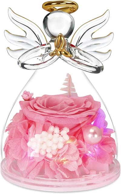Roze Roos in Engel Beeldje met Kleurrijk Licht - Perfect Cadeau voor Vrouwen en Moeders