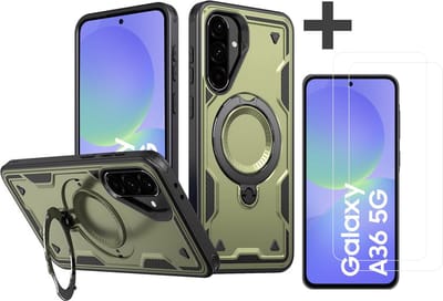 Hoesje Geschikt voor Samsung Galaxy A36 met 2 Stuks gehard glas Screenprotectors - Armor hoes met Ringhouder - Arara backcover - Groen
