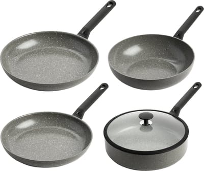 BK Granite Ceramic Pannenset 4‑delig - 28cm - 4.2L – PFAS-vrije antikleeflaag - Pannenset inductie - Keramische pan - Ovenbestendig tot 160°C – Hapjespan 28cm met deksel - Koudgrepen – Grijs