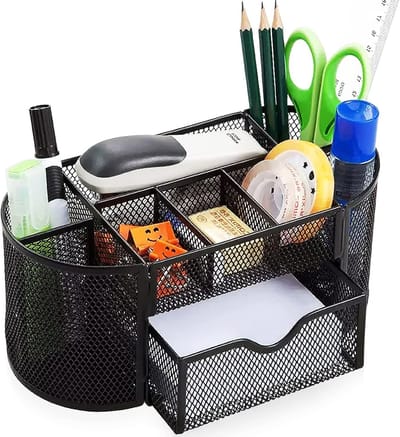 Pennenbakje-pennenhouder-pennenbak -Mesh Desktop Organizer - Bureaublad Kantoorartikelen - Multifunctionele Penhouder - Schrijfwaren met 8 Vakken en 1 Lade - Geschikt voor Kantoor, Thuis, School, Klaslokaal - Zwart - 22x11x10cm