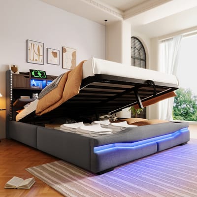 REDOM gestoffeerd bed 160x200 cm – Linnen grijs – LED (app), USB/Type-C, hydraulische opbergruimte – 300 kg